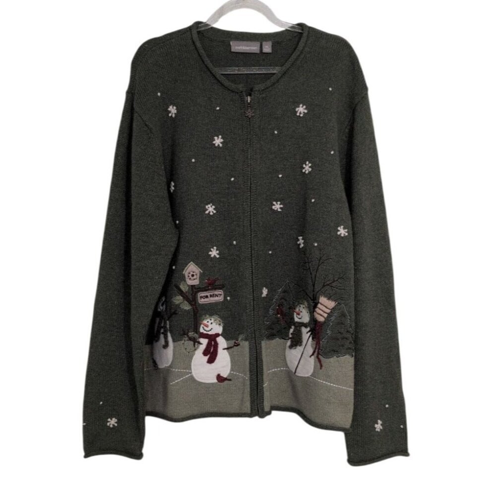 Croft & Barrow Embroidered Snowman Cardigan Womens Size XL Green Full Zip Winter